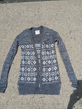 Y2K Hollister Gray & White Long Button-Front Women's Cardigan Size S